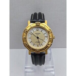 Gruen Sport Quartz Date Gold Tone Bezel 3ATM 100FT Mens Watch New Battery Analog